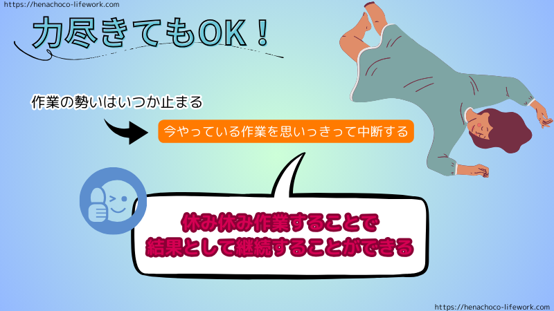 力尽きてもOK!
どんなに調子が良くても、作業の勢いはいつか止まります。
そういうときは、今やっている作業を思い切って中断する。
休み休み作業することで、結果として継続していくことができます。