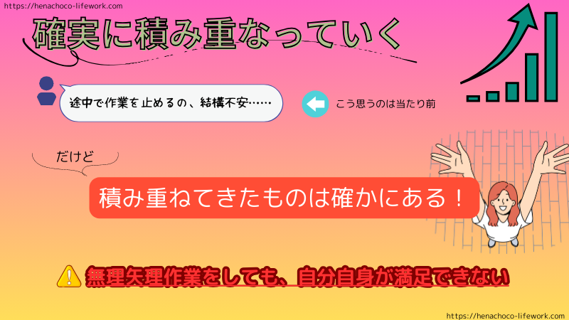 途中で作業を止めるのは不安ですよね。
ですが、積み重ねてきたものは確かにあります!
無理矢理作業しても、自分自身が満足できなかったりもするんです。
パフォーマンスを発揮できないまま作業するので。