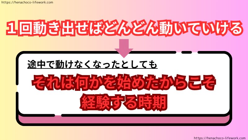 1回動き出せばどんどん動いていける。
途中で動けなくなったとしてもそれは何かを始めたからこそ経験する時期。