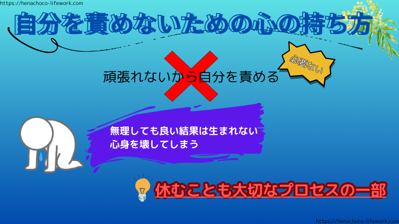 頑張れないからと言って自分を責める必要はない。
無理をしても良い結果は生まれないし、心身を壊しかねない。
休むことも大切なプロセスの一部。