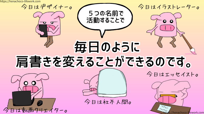 ５つの名前で活動することで、毎日のように肩書きを変えることができるのです。