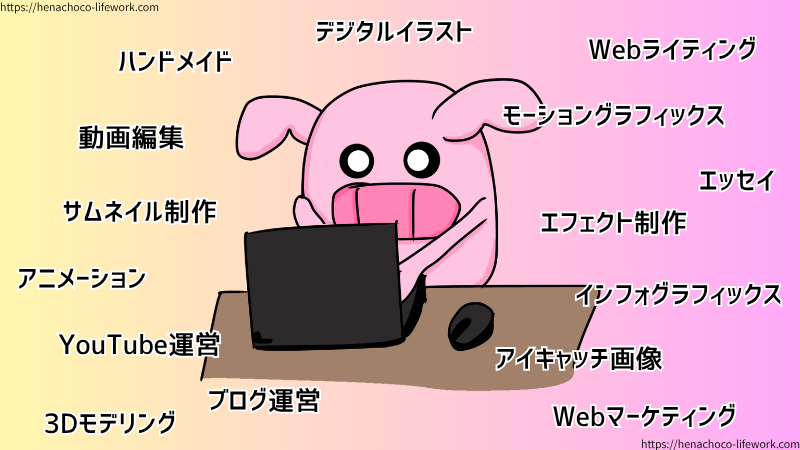 デジタルイラスト、ハンドメイド、Webライティング、動画編集、モーショングラフィックス、エッセイ、サムネイル制作、エフェクト制作、アニメーション、インフォグラフィックス、YouTube運営、アイキャッチ画像、ブログ運営、３Dモデリング、Webマーケティングなどなど、完全プロではなくとも薄っすらとできて形にはできるようになりました。