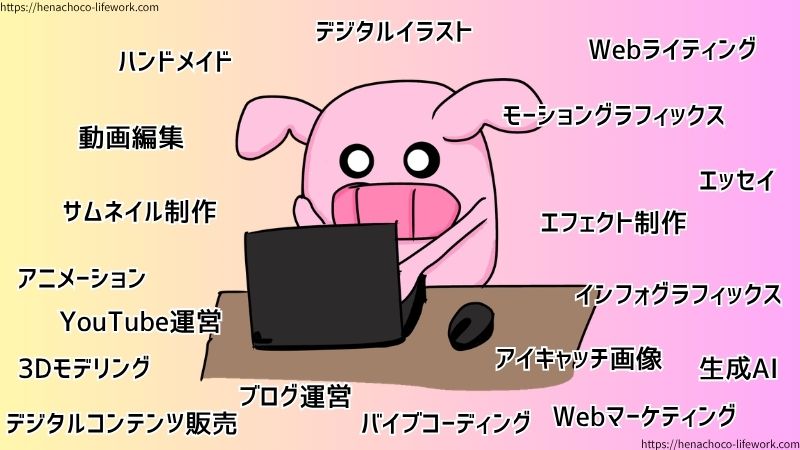 この７年でできるようになったことは、デジタルイラスト、動画編集、Webライティング、モーショングラフィックス、ハンドメイド、Webマーケティング、エッセイ、２DMV、アニメーション、３Dモデリング、インフォグラフィックス、サムネイル制作、アイキャッチ画像、エフェクト制作、バイブコーディング、生成AI、デジタルコンテンツ販売などなど。
薄っすらであっても、とりあえずは形になる。