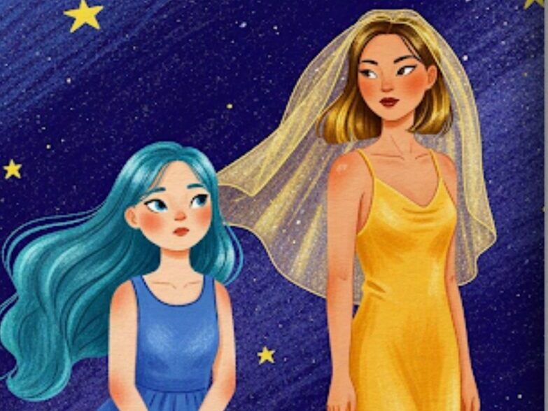 広い広い宇宙の片隅に、よく似た二人の女の子がいました。
一人は、青いドレスをまとった地球ちゃん。
もう一人は、黄金色のベールをかぶった金星さん。
二人は「双子の惑星」と呼ばれていましたが、心の中ではお互いのことがうらやましくて仕方がありませんでした。